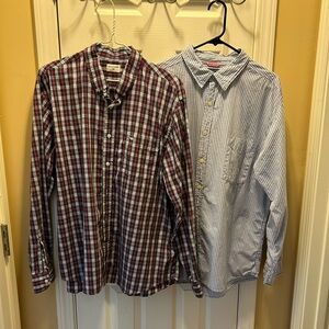 2 -Men XL Long Sleeve Button Down Shirts; Dockers Plaid, Arizona Blue/Wht Check